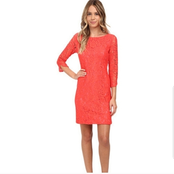 NWT Vince Camuto Lace Coral Pink Orange Sheath Dress Women's Size 10 3/4 Sleeves - Picture 1 of 16
